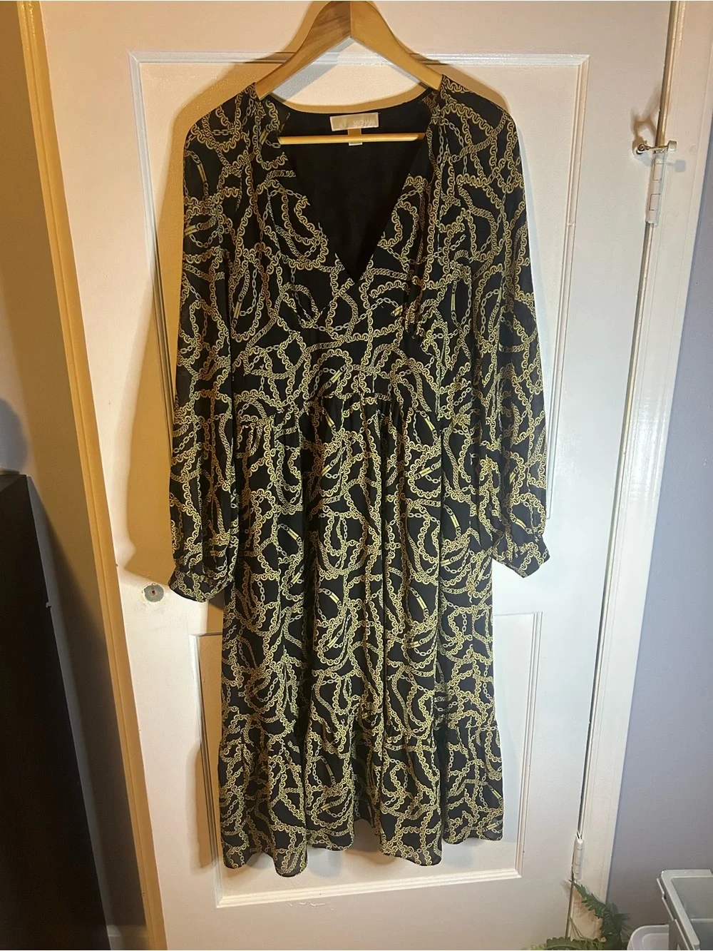 Michael Kors Dress XL Black Gold Chain Print Slinky Chiffon Long Sleeves